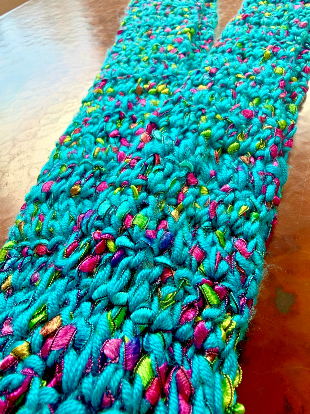 Y2K Handmade Crochet Scarf Turquoise Multicolor Ribbon Yarn Fringe 76in Whimsi